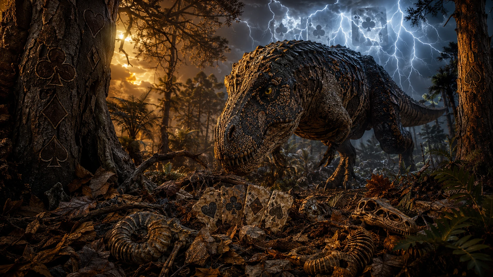Dinossauro predador em floresta pré-histórica densa antes da tempestade