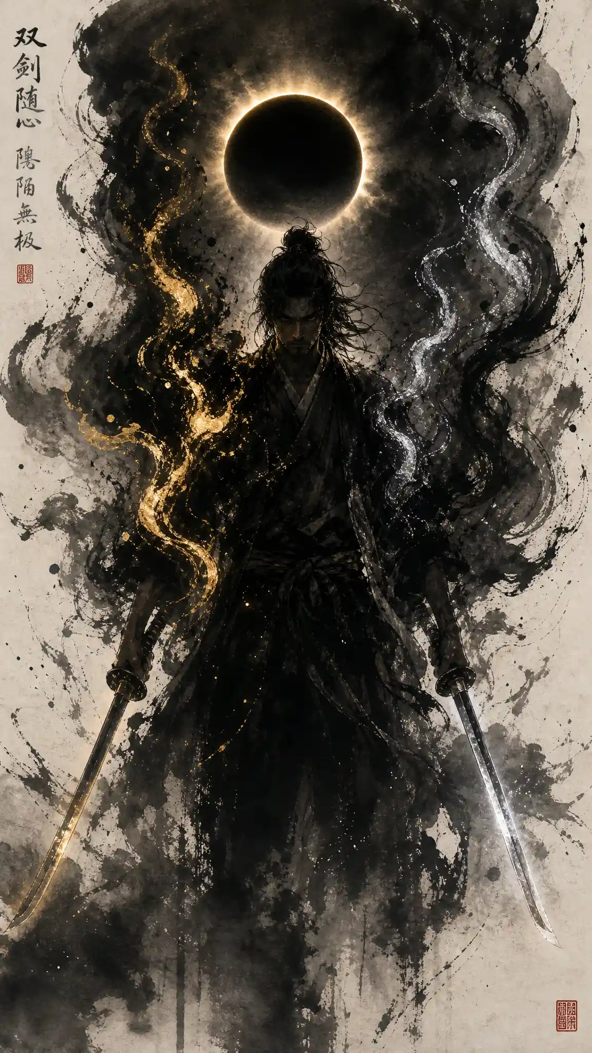 Warrior beneath total eclipse in sumi e ink darkness