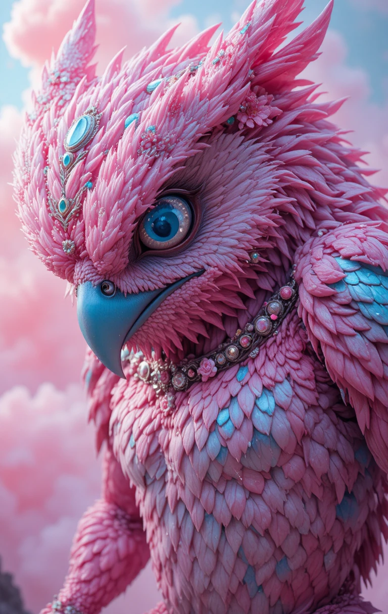 Hybride mystique dragon-hibou en portrait fantasy pastel