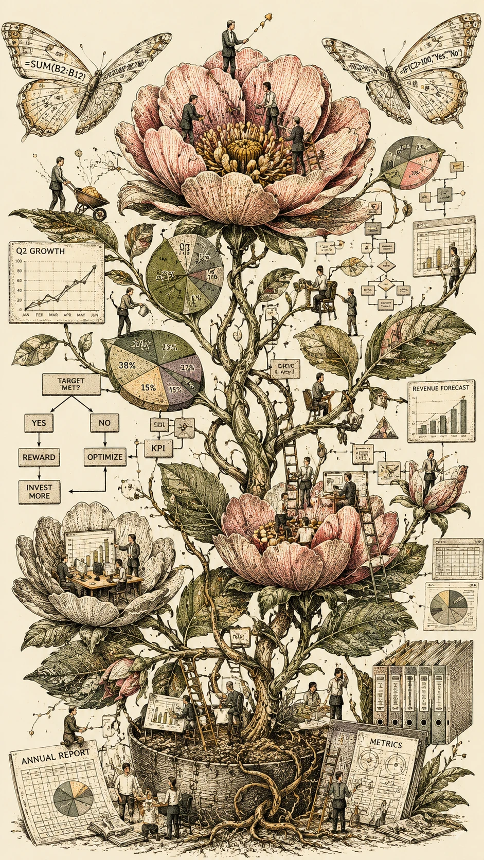 Botanische Illustration mit Blumen, die aus Daten-Dashboards wachsen