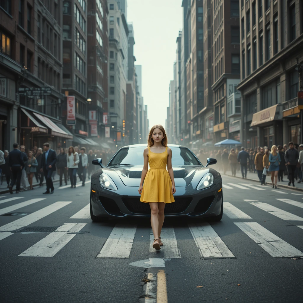 Jovem garota atravessando uma rua movimentada de Nova York