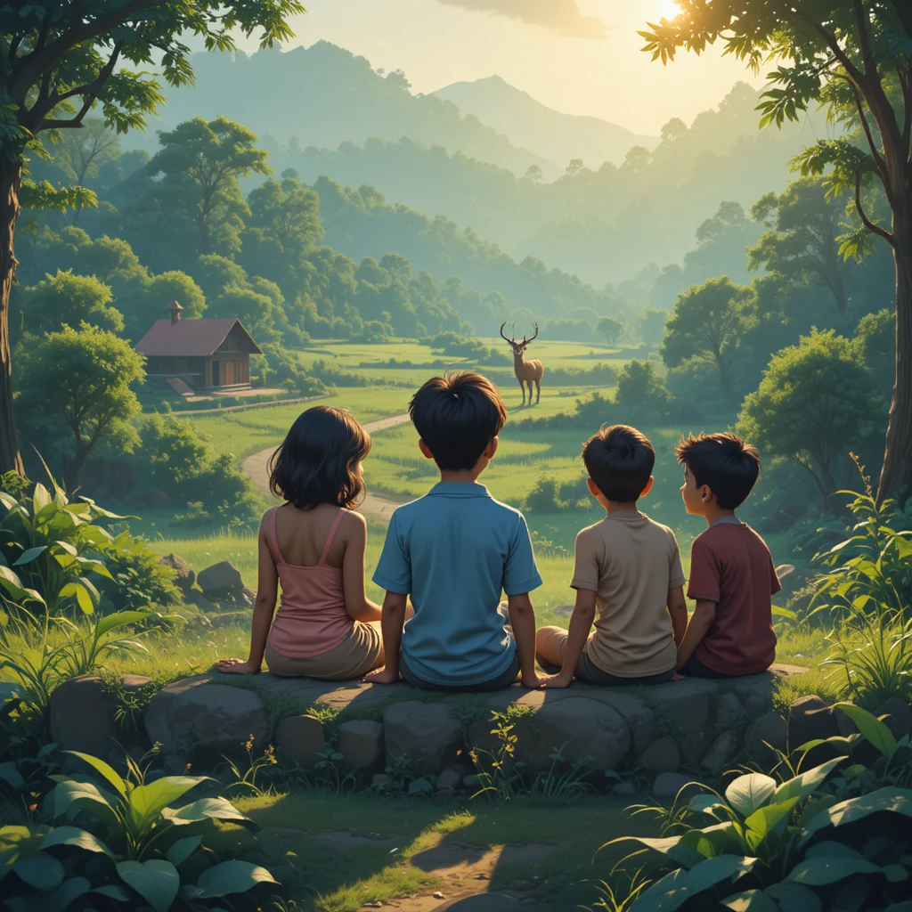 Des enfants regardent un cerf au bord de la forêt
