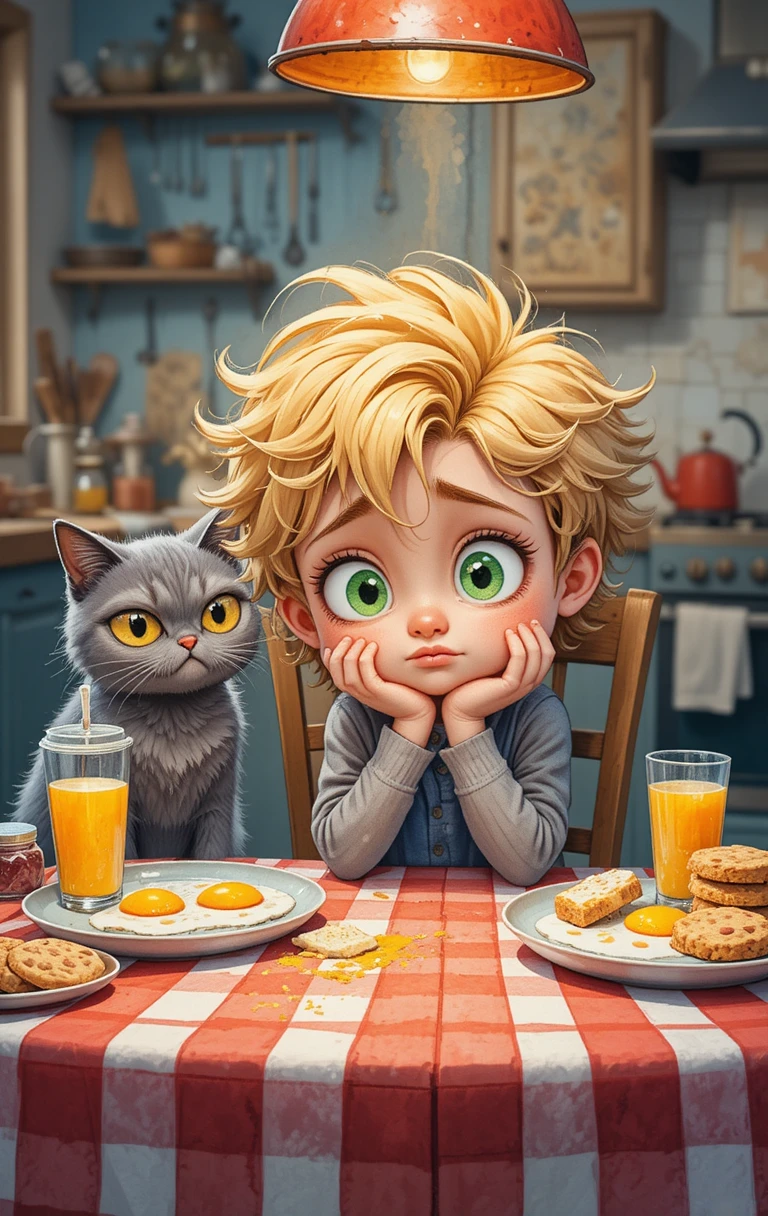 Enfant déçu et chat à une table de cuisine chaleureuse
