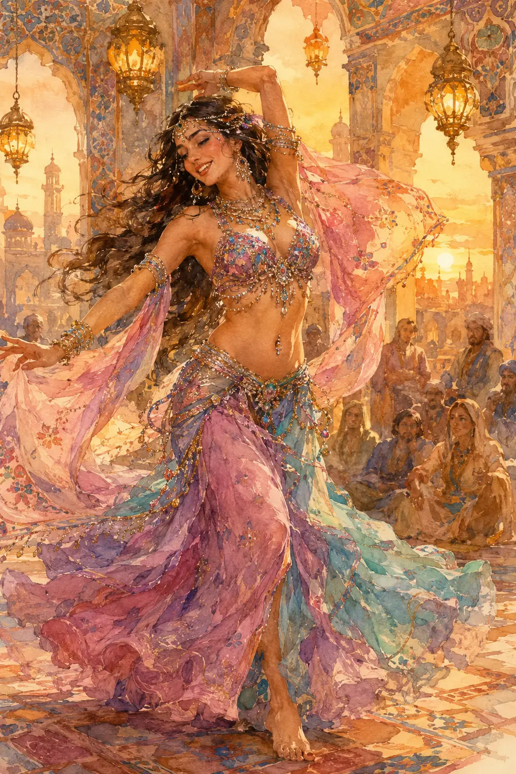 Watercolor belly dancer in ancient Persian courtyard