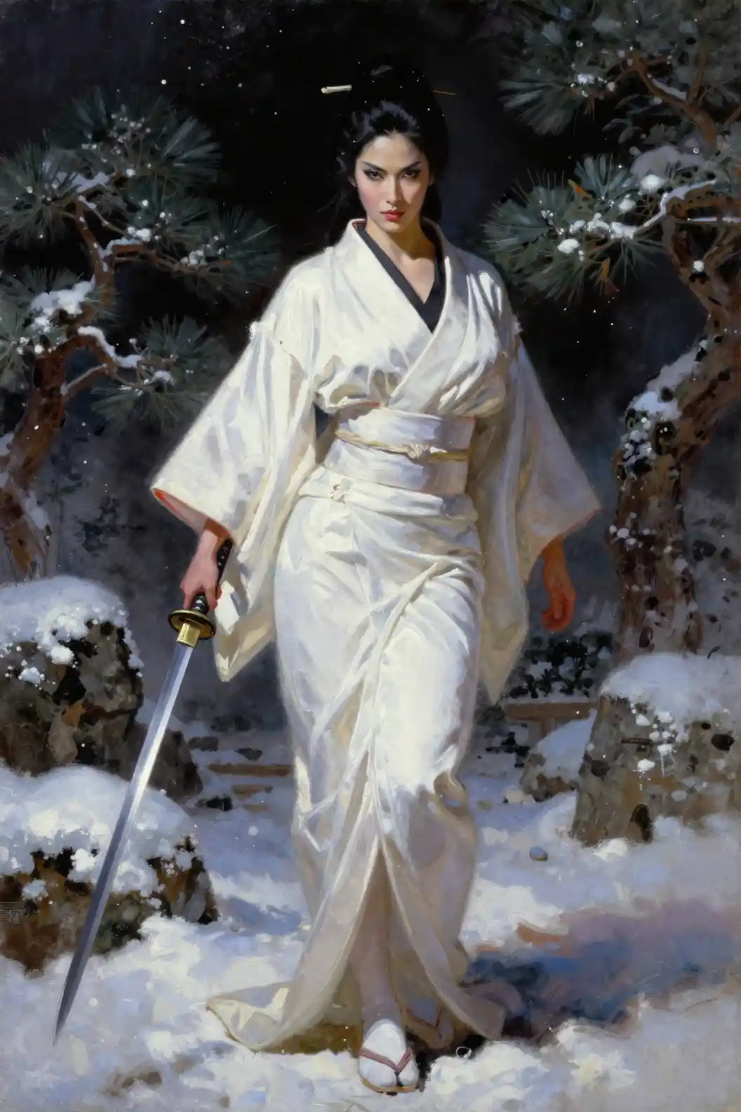Samurai-Frau mit Katana im verschneiten japanischen Garten