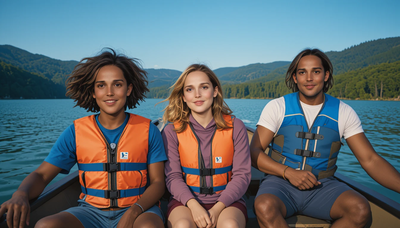 Family canoe trip on a calm mountain lake