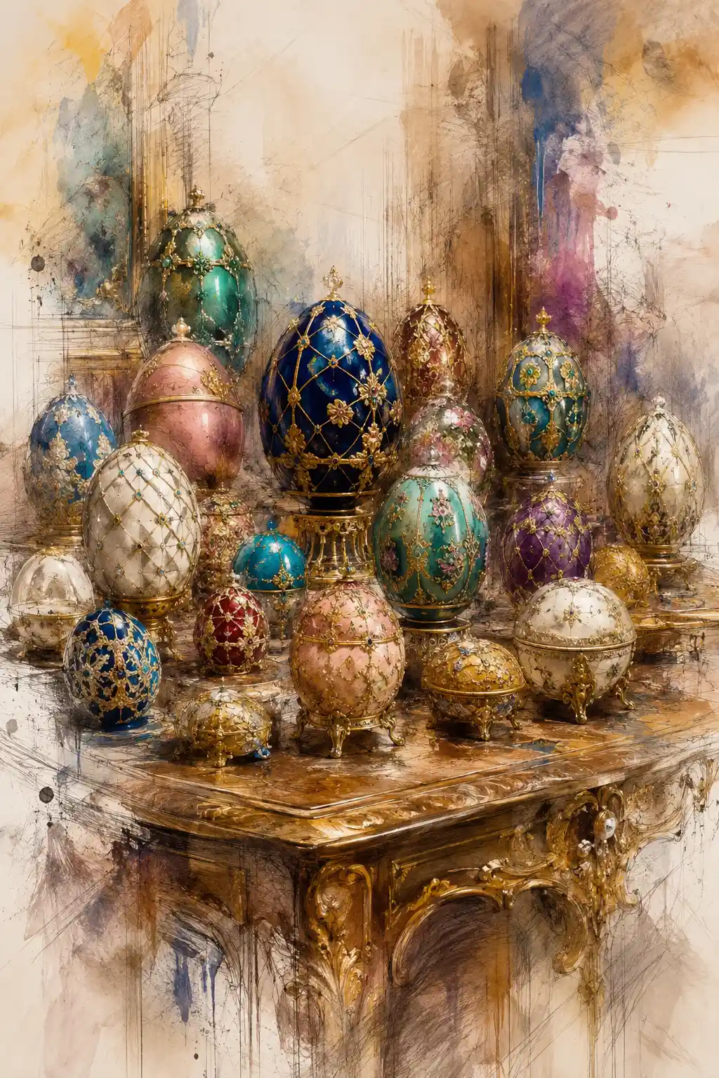 Faberge style eggs on a large vintage table in sketch