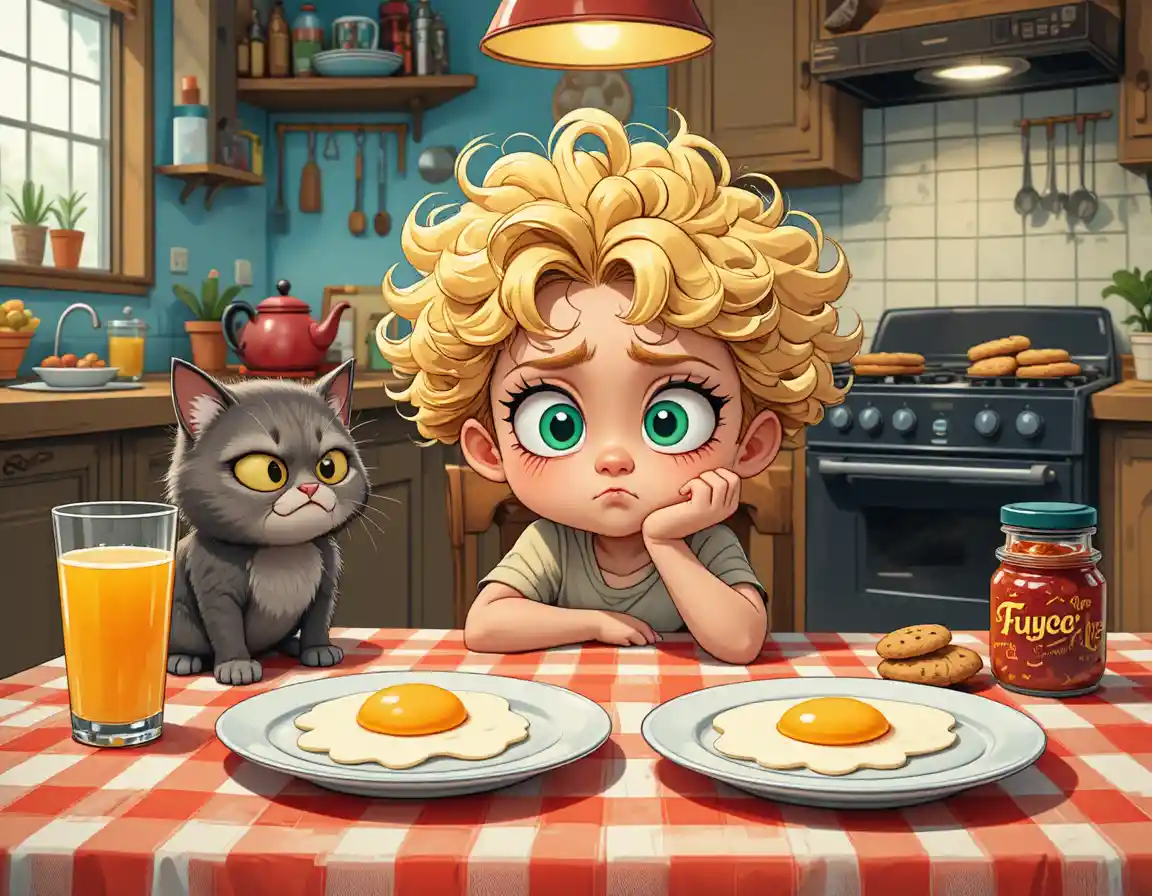 Sulky Child And Grumpy Cat At Cozy Kitchen Table