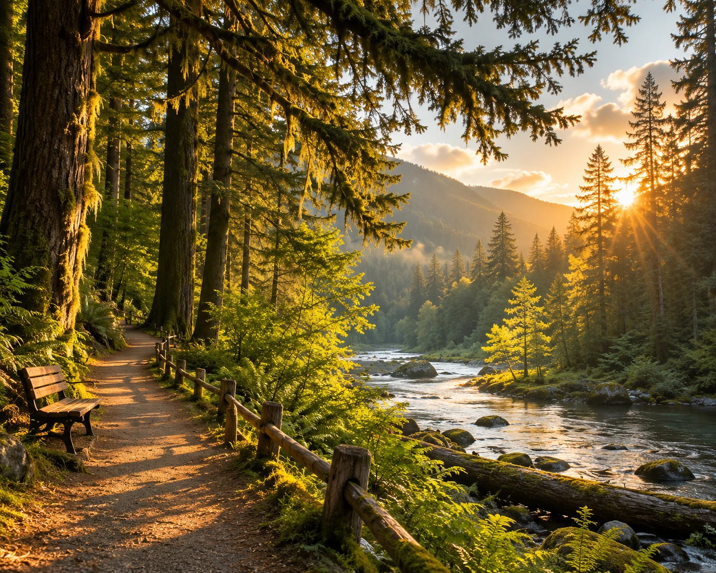 Paisagem de floresta perene coberta de musgo na suave luz dourada