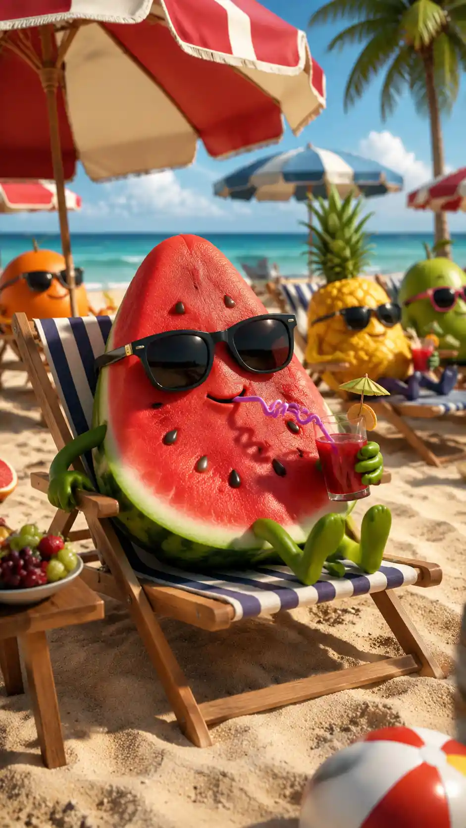 Relaxed watermelon character lounging on a sunny beach