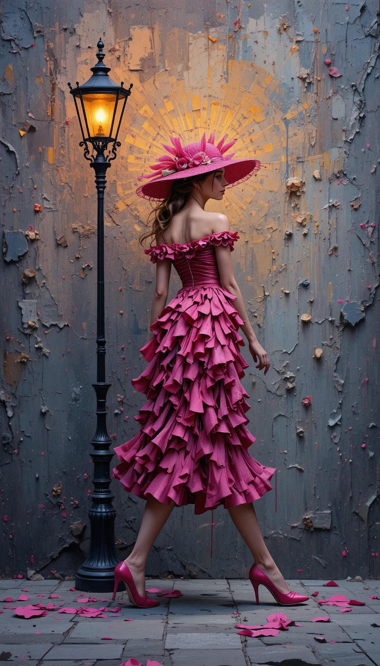 Mulher estilosa de vestido rosa passando por poste de luz brilhante