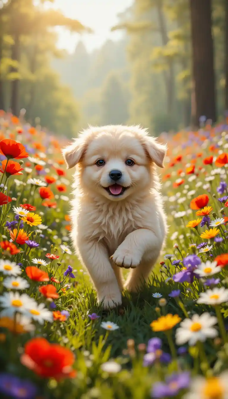 Flauschiger cremefarbener Welpe läuft durch bunte Blumenwiese