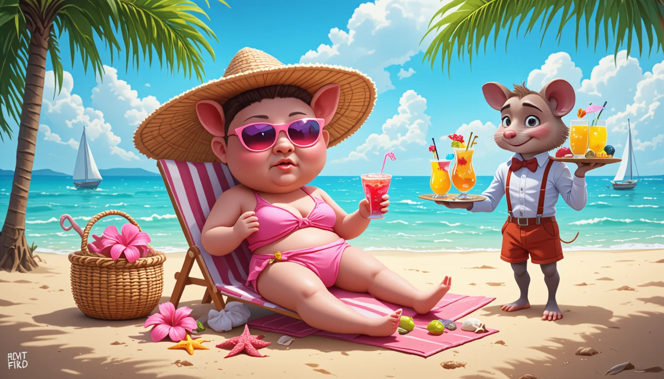 Cartoon pig relaxing on a sunny tropical beach