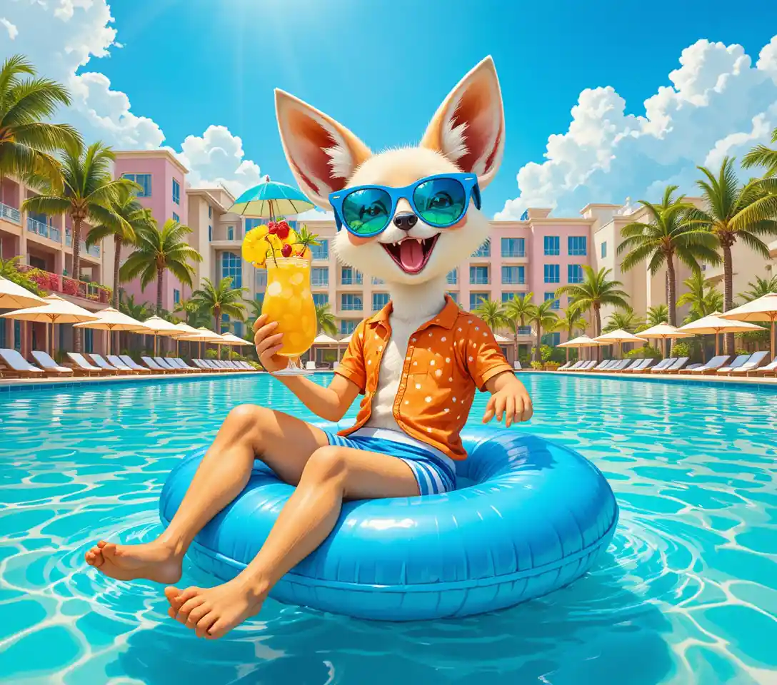 Fennec fox relaxing on pool float with tropical drink
