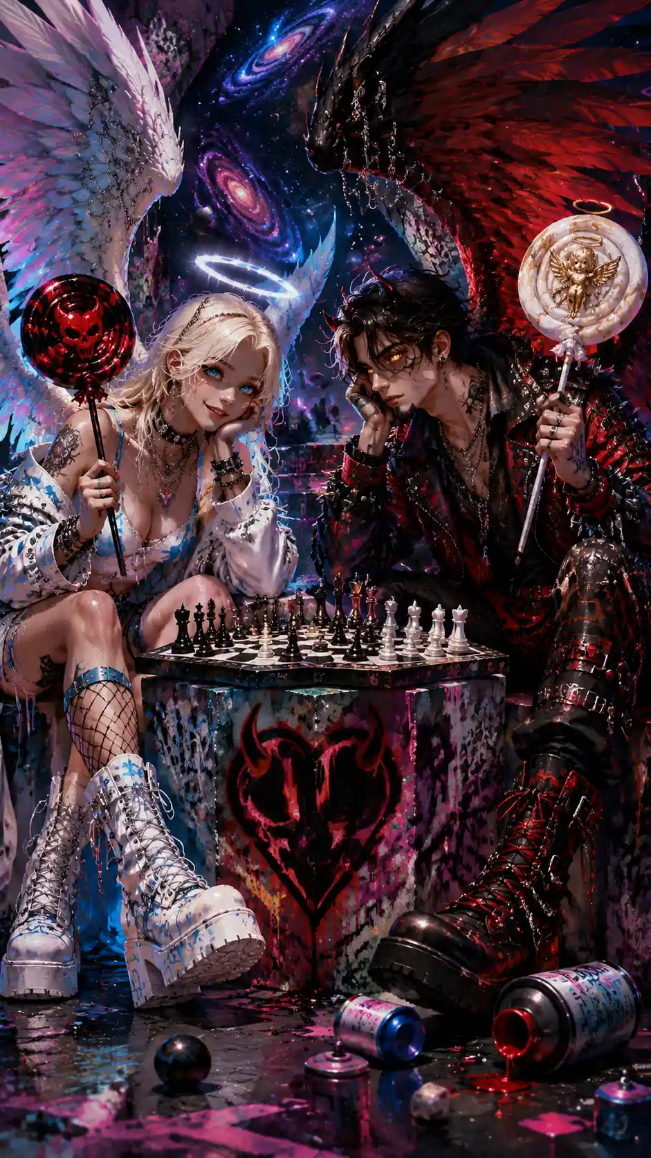 Angel And Demon Playing Chess In Cosmic Graffiti World