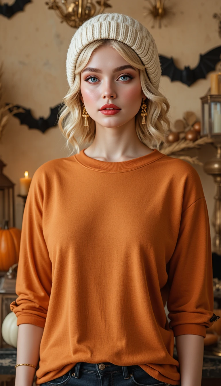 Mulher loira de camiseta laranja queimado ao lado de decoração à luz de velas