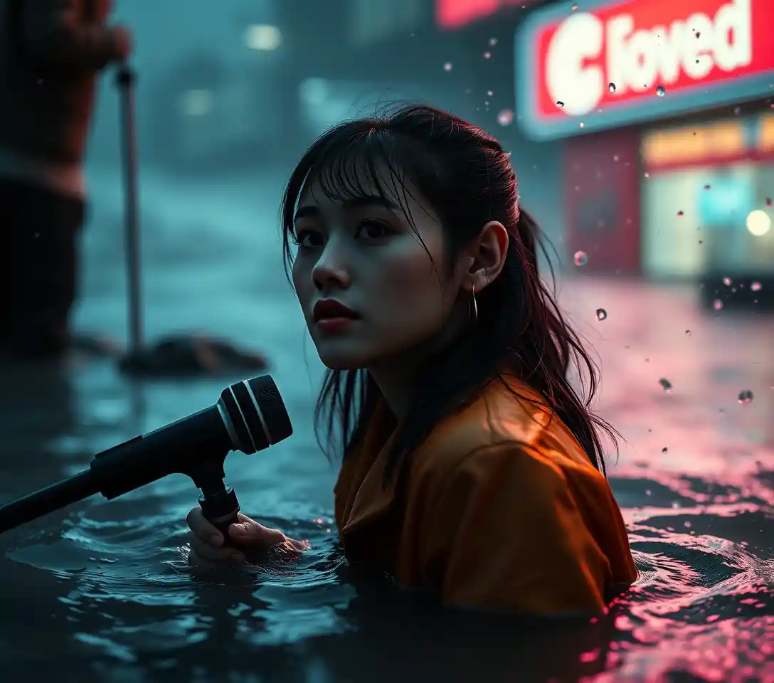 Cinematic woman in a surreal storm with dramatic neon light