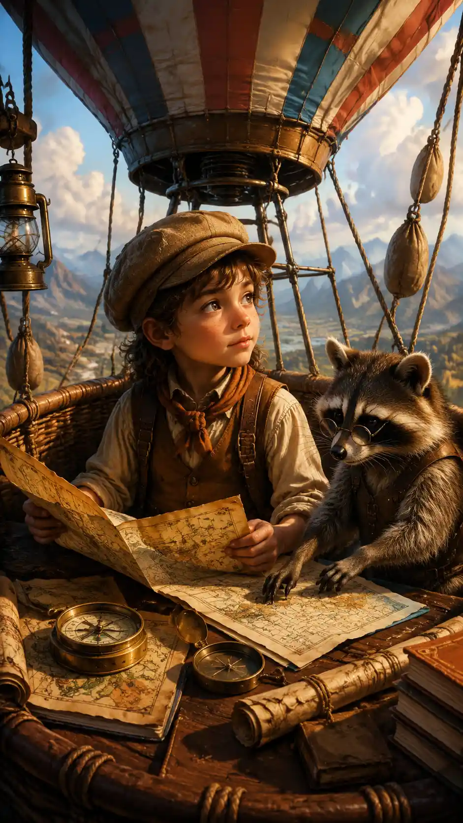 Curious child and raccoon in vintage hot air balloon