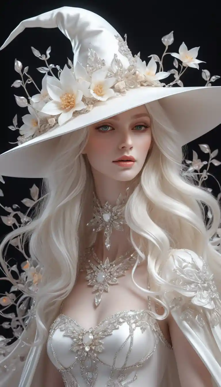 Ethereal white witch in luminous floral hat portrait