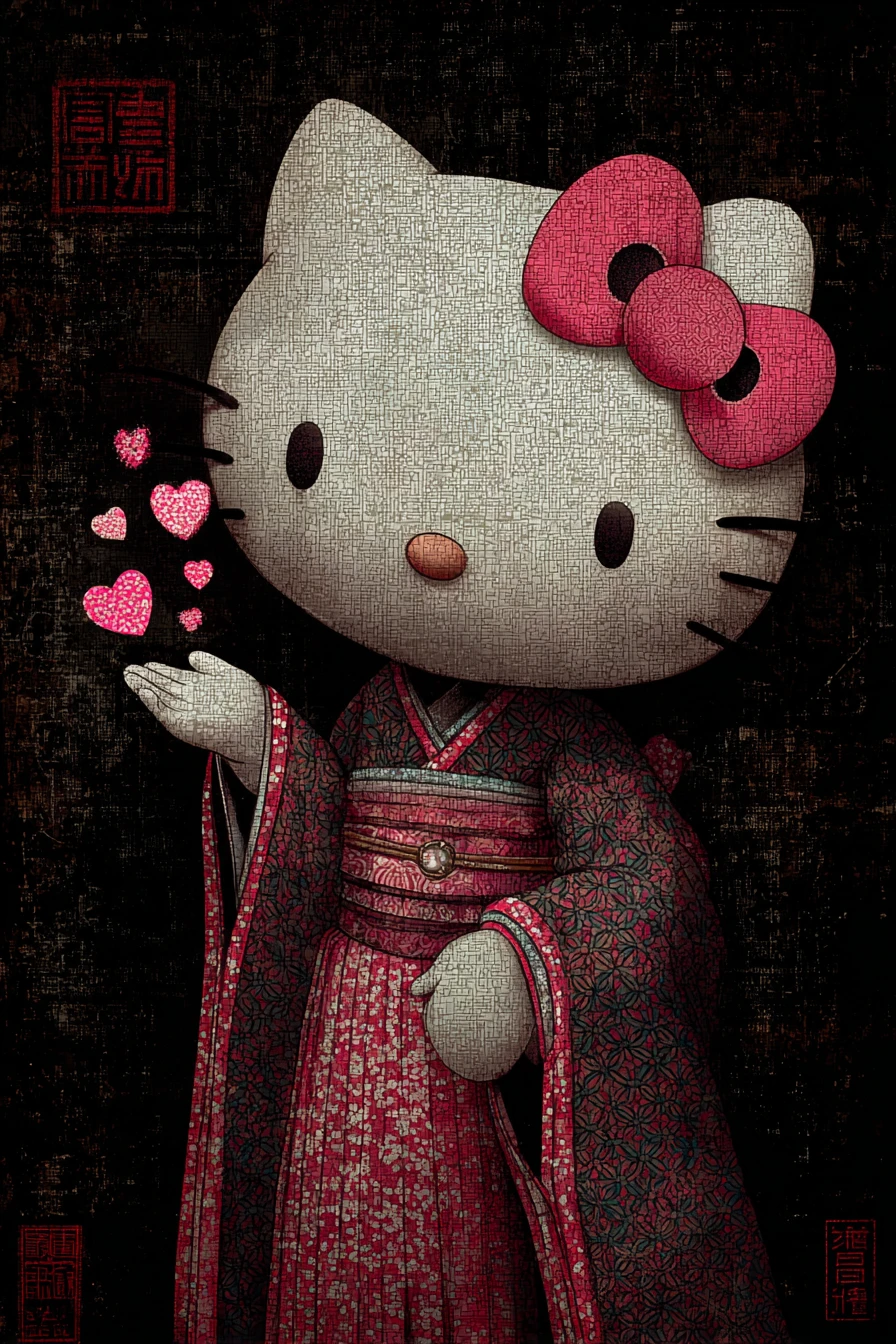 Retrato de Hello Kitty gueixa soprando corações rosa de glitter