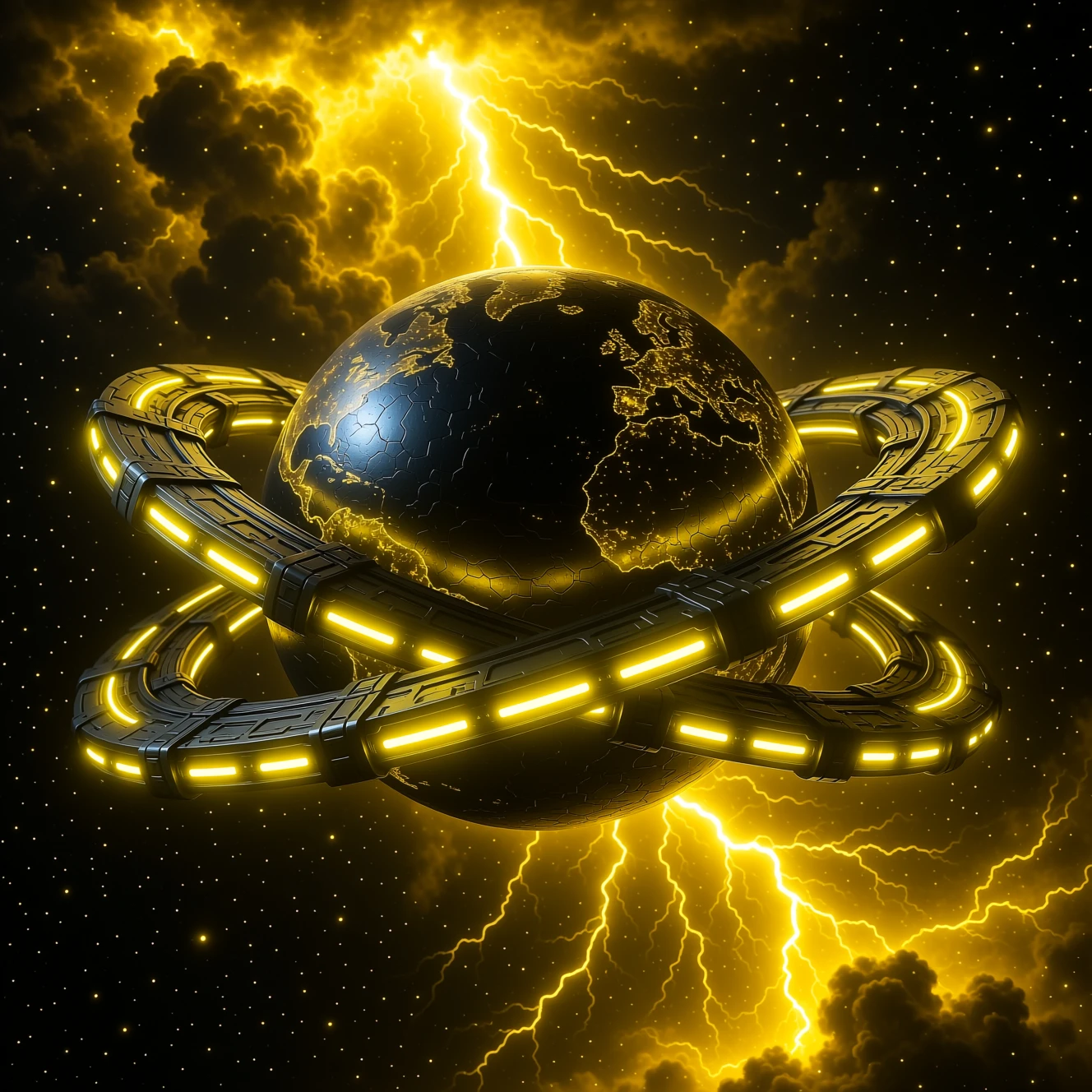 Futuristic Metal Planet With Rings In Neon Yellow Space