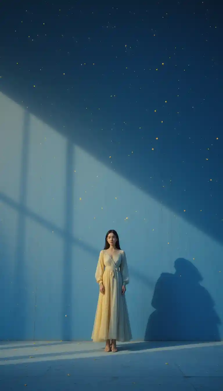 Japanese fashion model by a deep blue wall at night