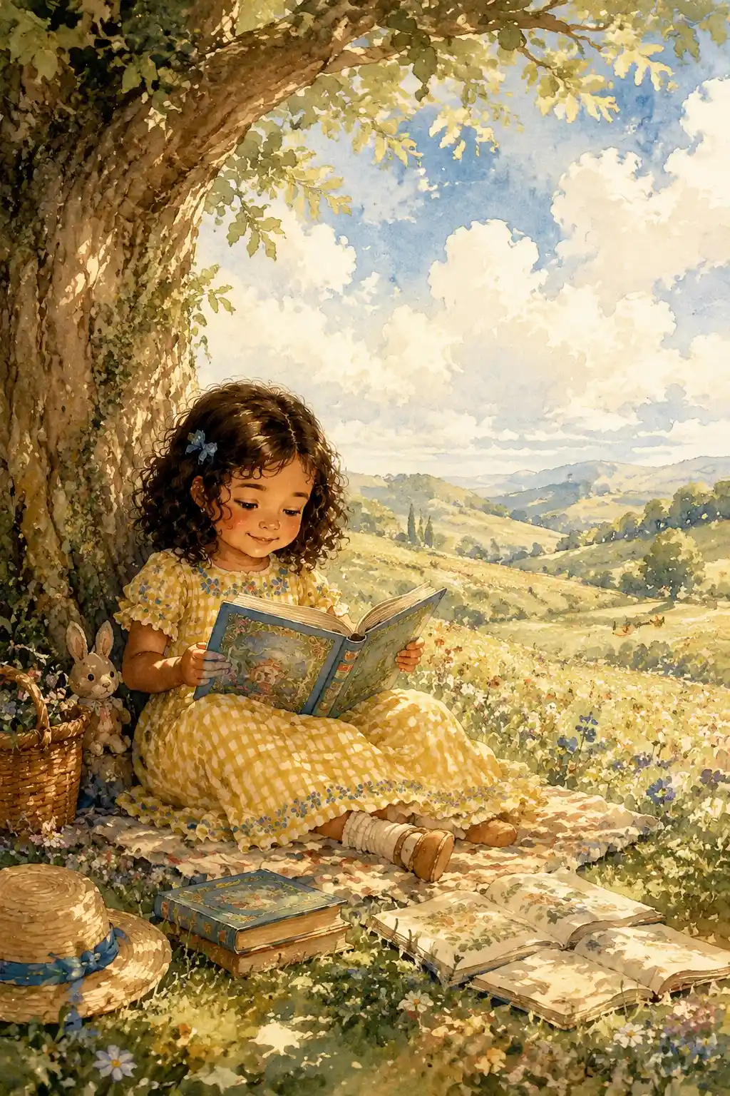 Little Girl Reading Under A Tree In Watercolor Meadow