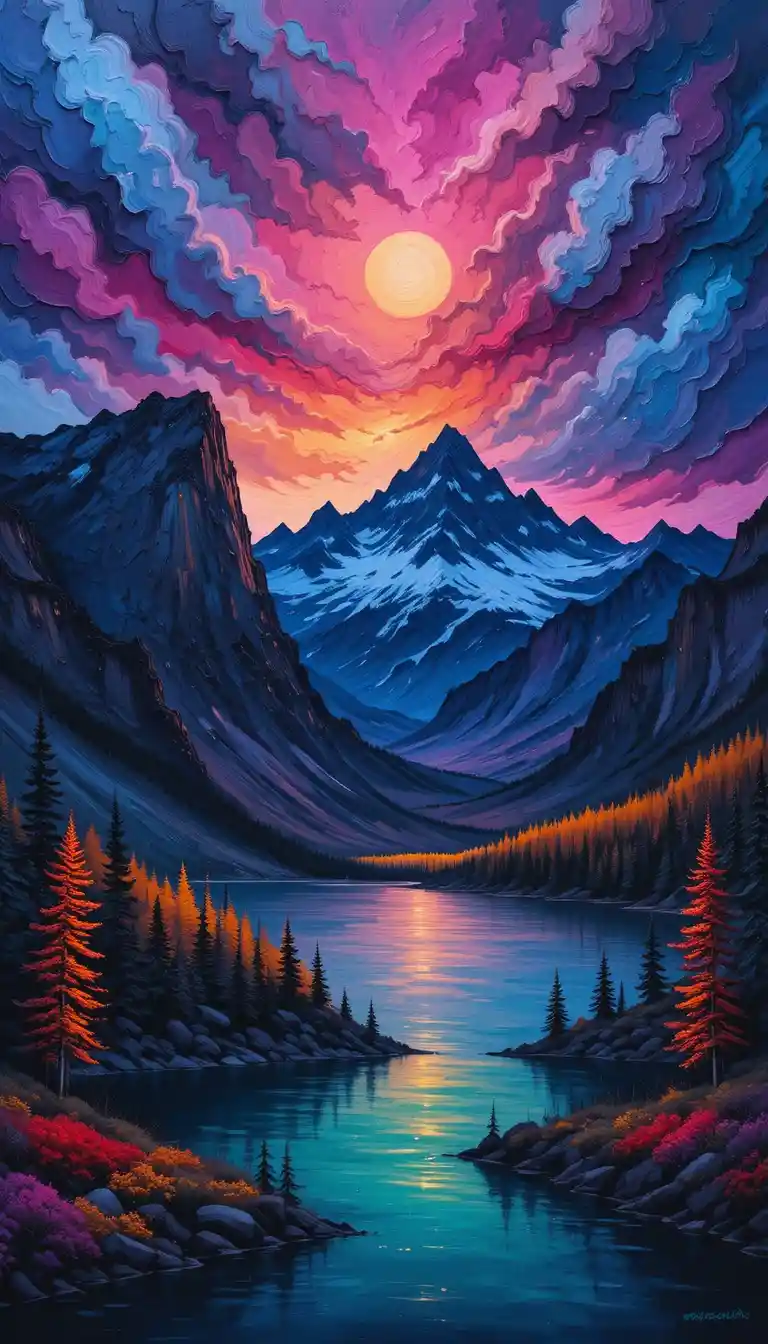 Impasto mountain landscape at twilight with vivid sky