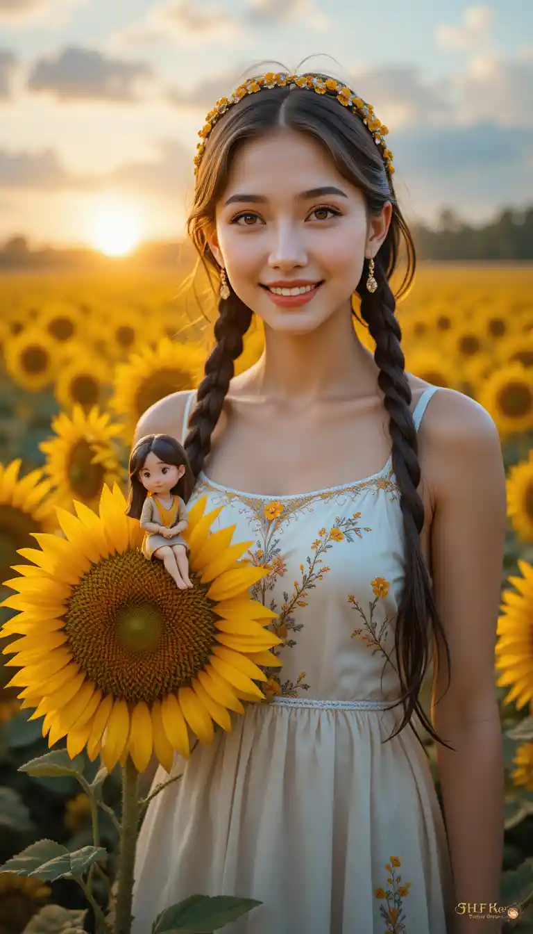 Young woman talking in a sunflower field at sunset