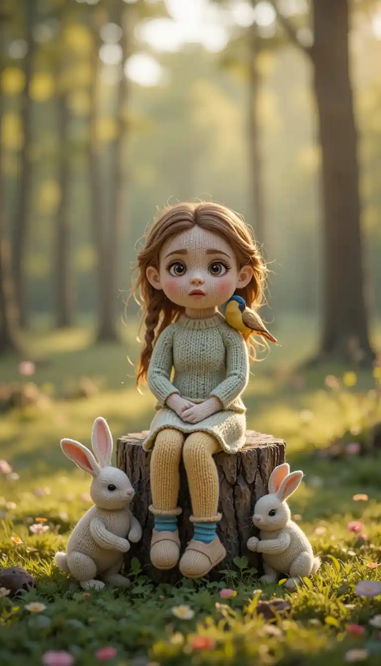Knitted Girl In Forest Clearing With Rabbits And Bird