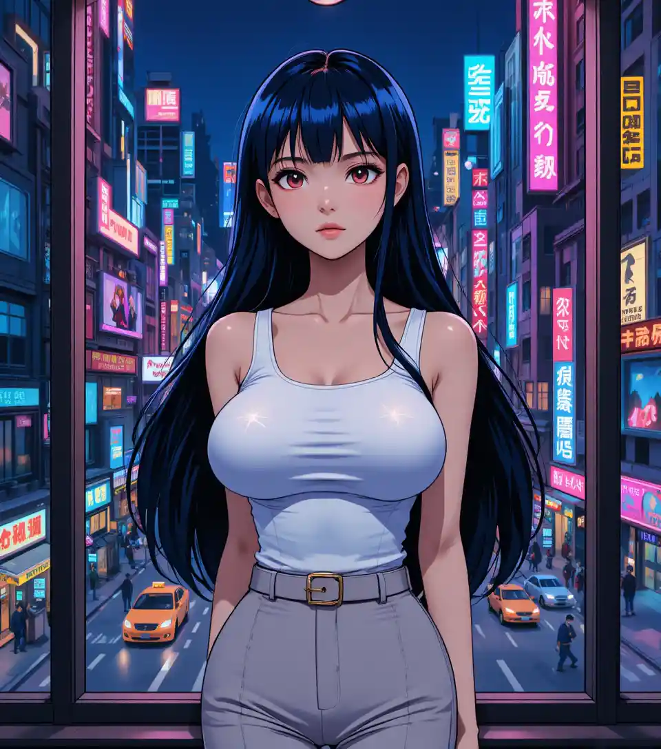 Anime woman by window overlooking neon city at night