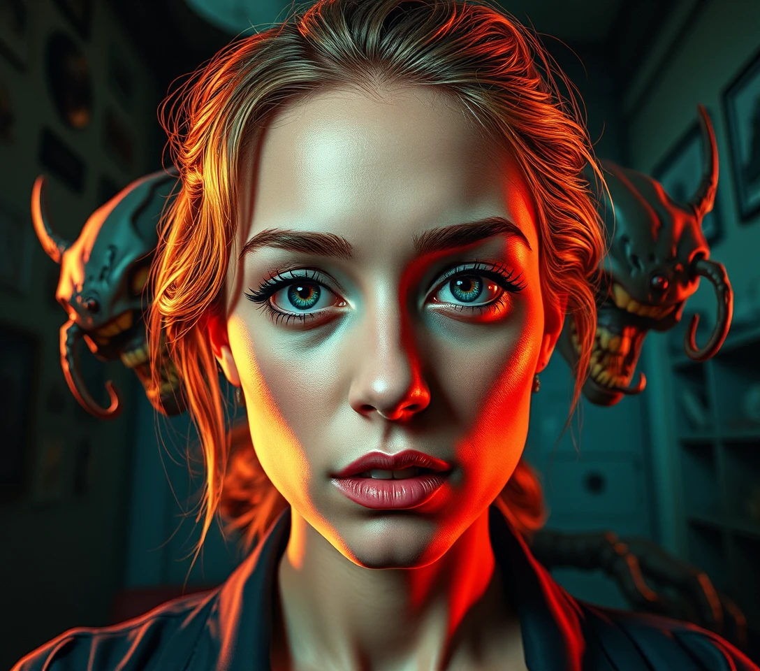 Retrato surreal de Naomi em um quarto vintage iluminado por neon
