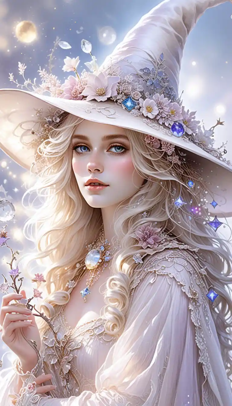 Ethereal White Witch With Floral Hat In Soft 3D Portrait