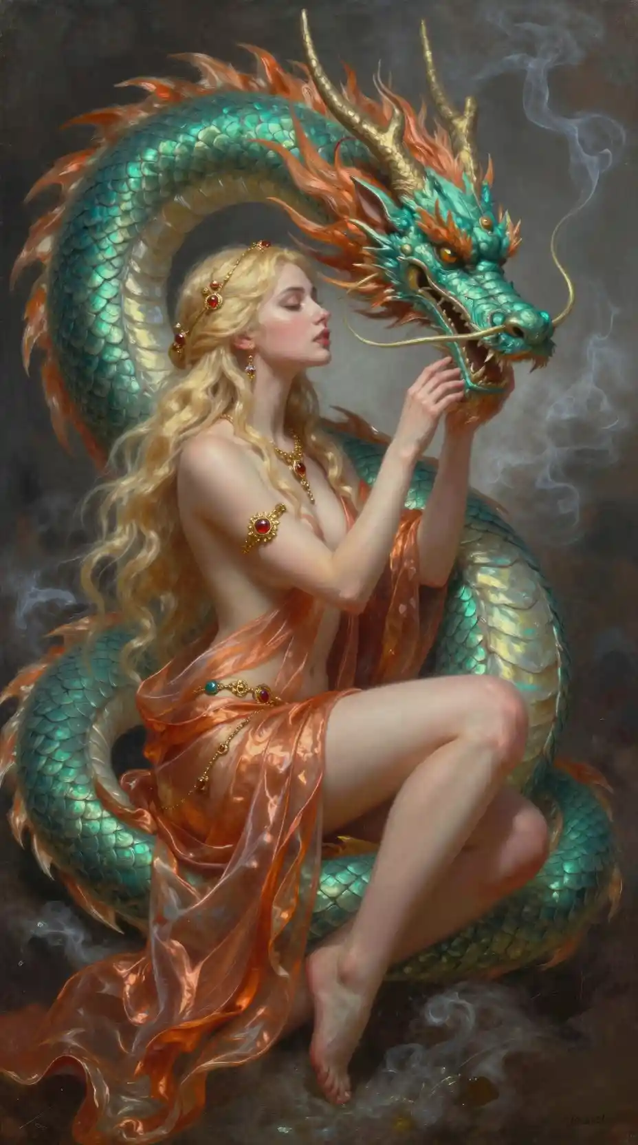 Enchanting blonde sorceress with emerald dragon companion