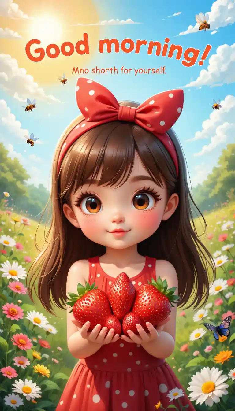 Cute little girl with strawberries in sunny flower meadow