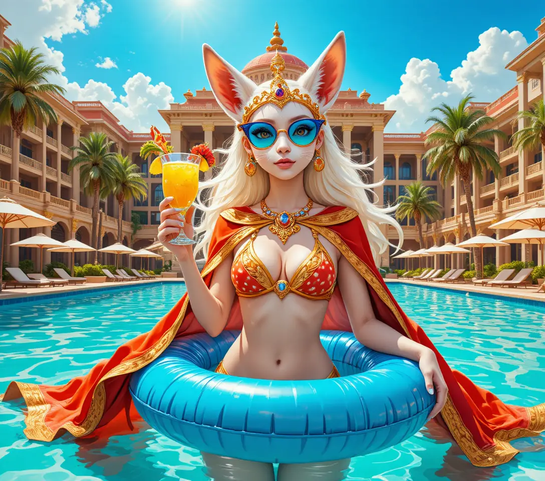 Fennec fox relaxing on a pool float at sunny resort