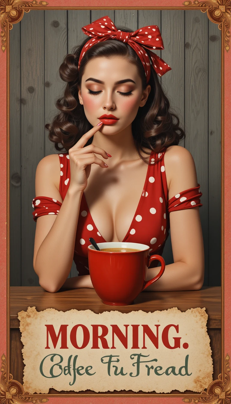 Playful pin up woman with coffee cup at wooden table