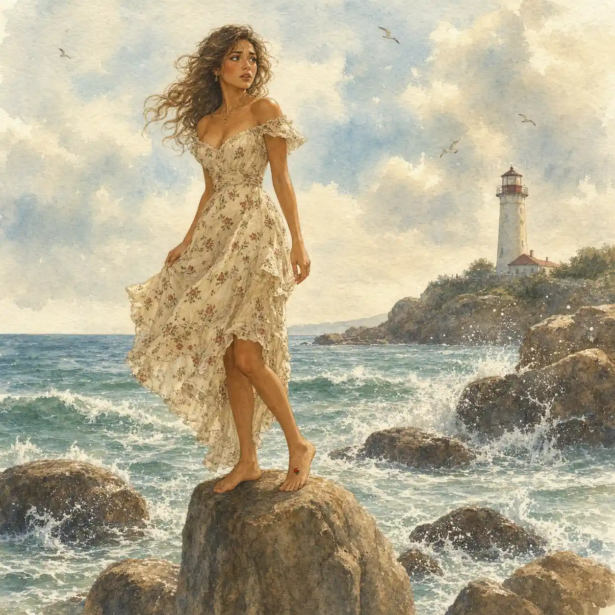 Romantic woman on seaside rocks in watercolor illustration