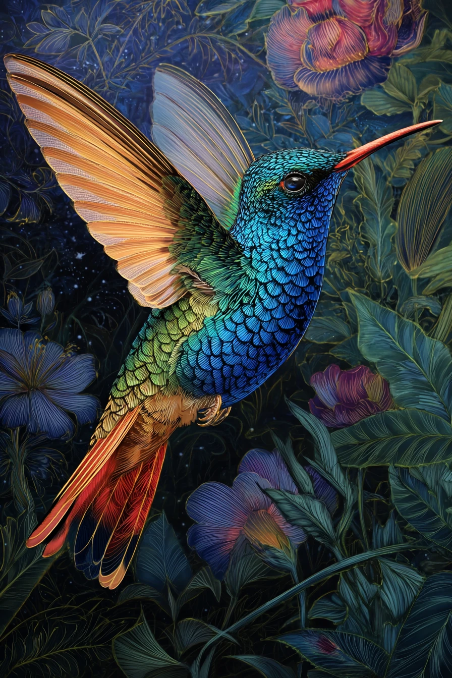 Colorful painting of a hummingbird in dynamic swirling motion