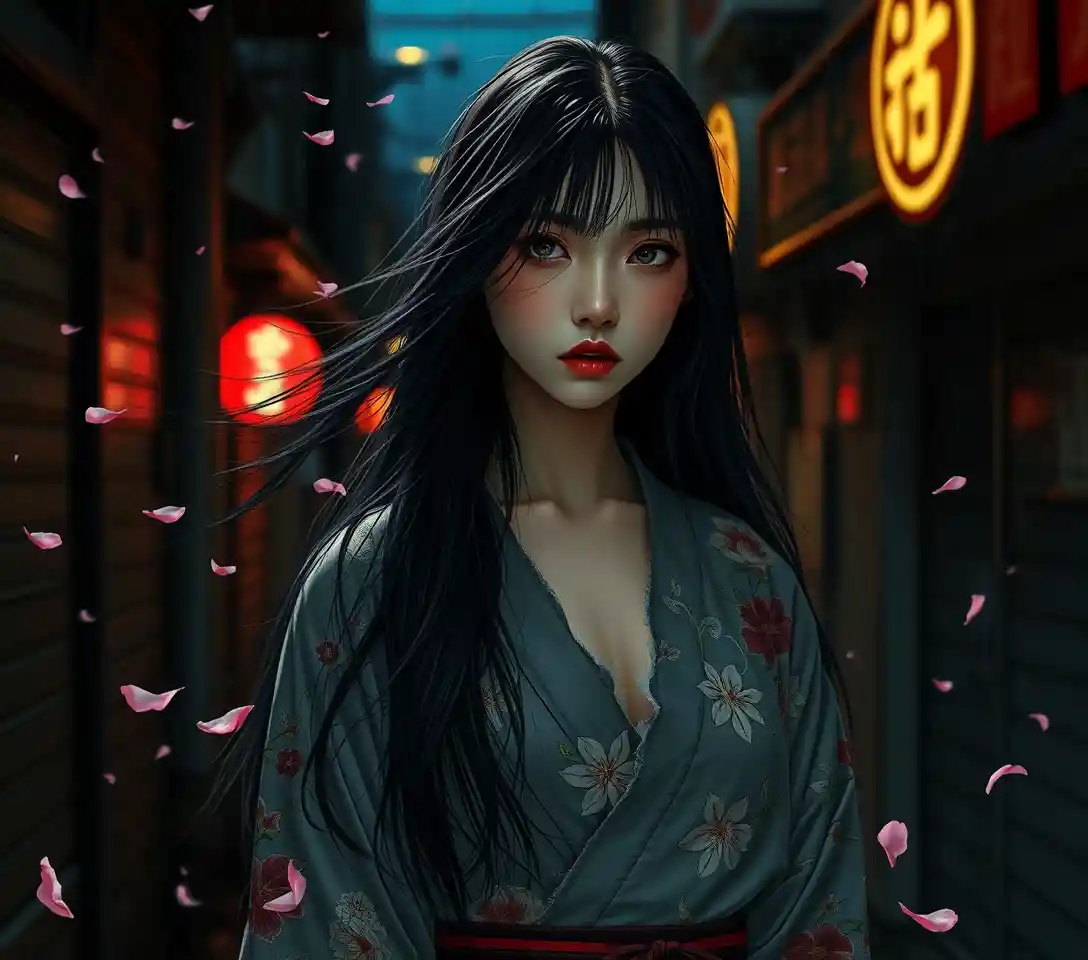 Melancholic woman in a rainy neon lit city alley