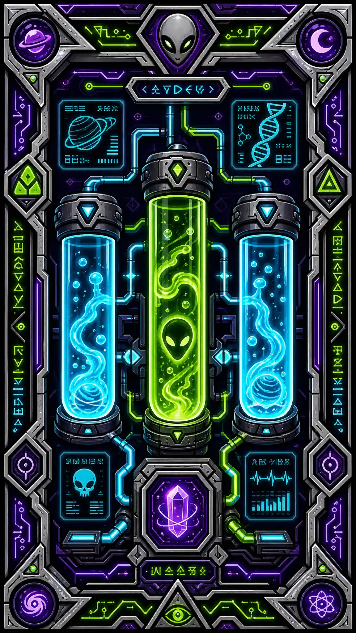 Cartoon alien test tube lab with glowing neon circuits