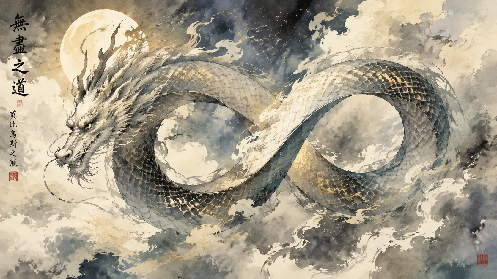 天界巨龍盤旋於空靈水彩雲間