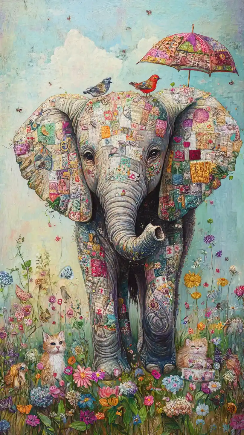 Gentle elephant with story quilt surrounded by woodland friends