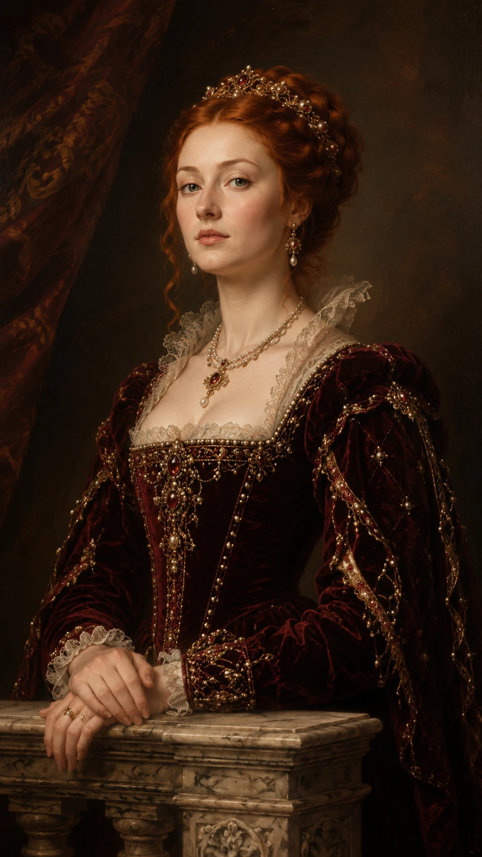 Retrato de nobre renascentista em vestido de veludo borgonha
