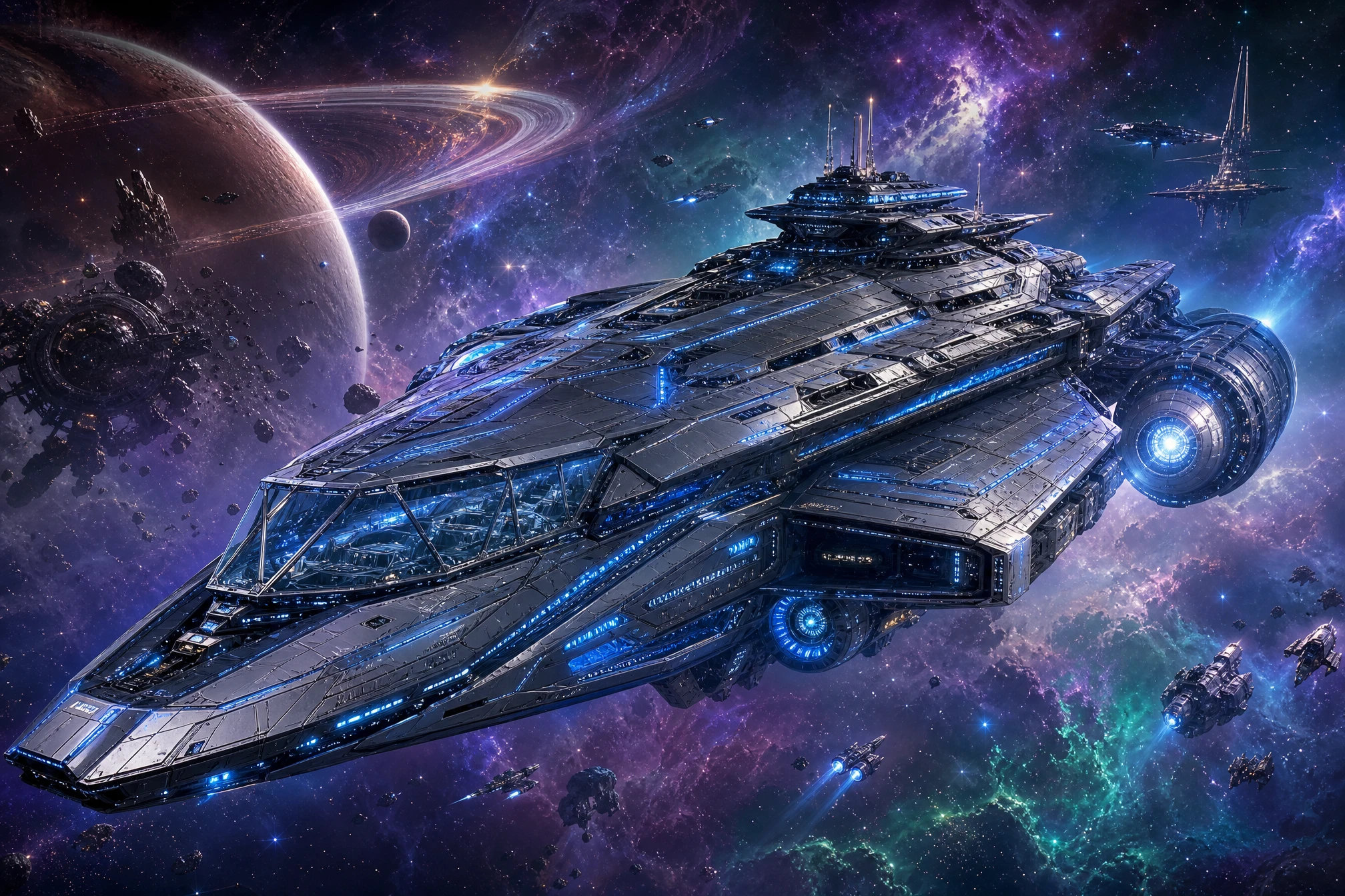 Futuristic angular spaceship gliding through colorful deep space