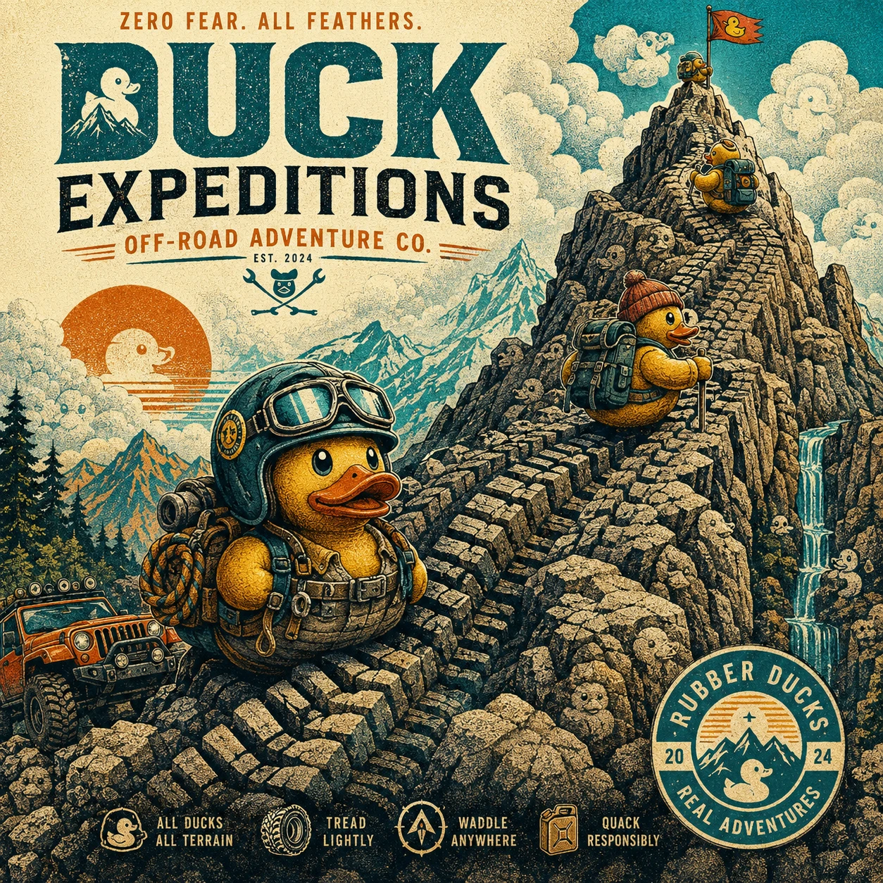 Patos de borracha aventureiros escalam trilhas de montanha surreais