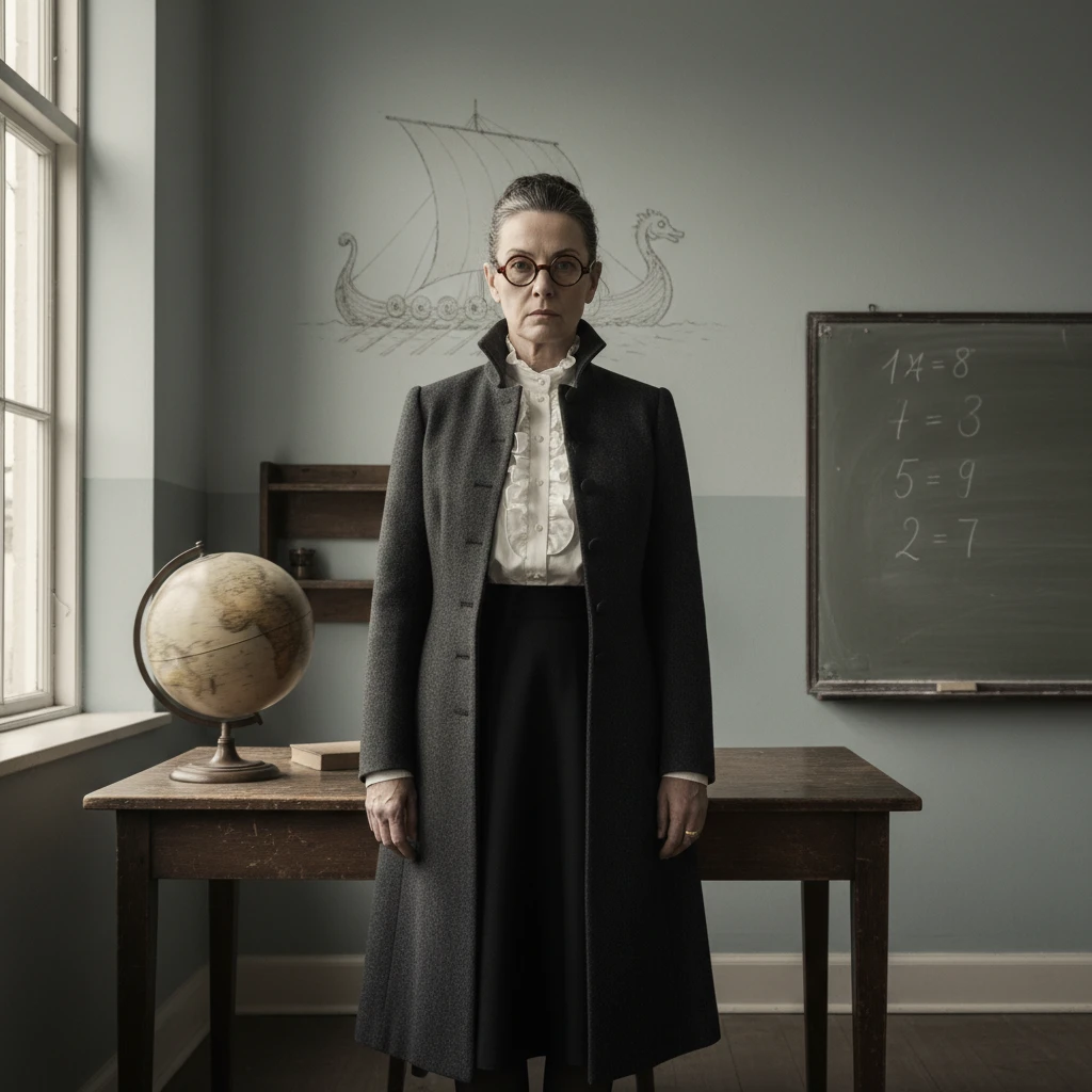 Professora sueca severa em uma cena de sala de aula vintage