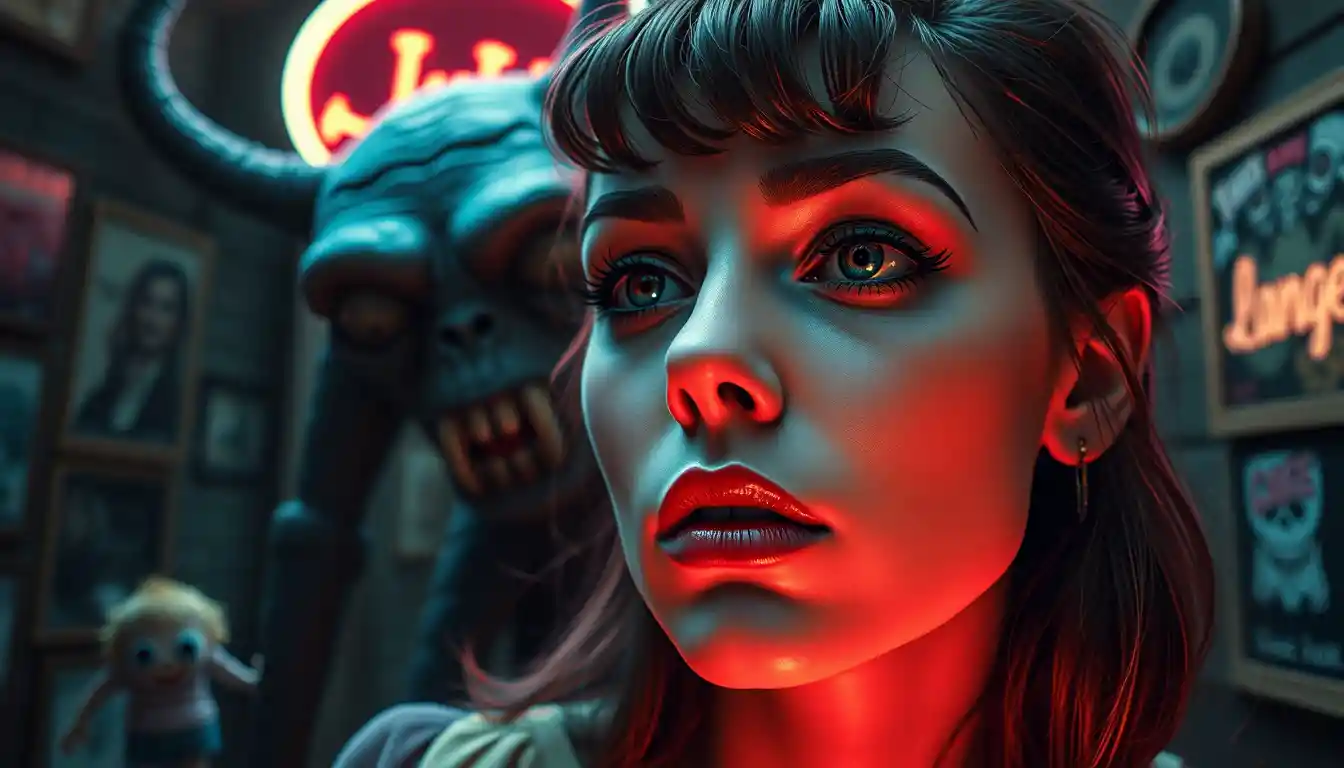Surreal portrait of Naomi in a dark vintage neon room