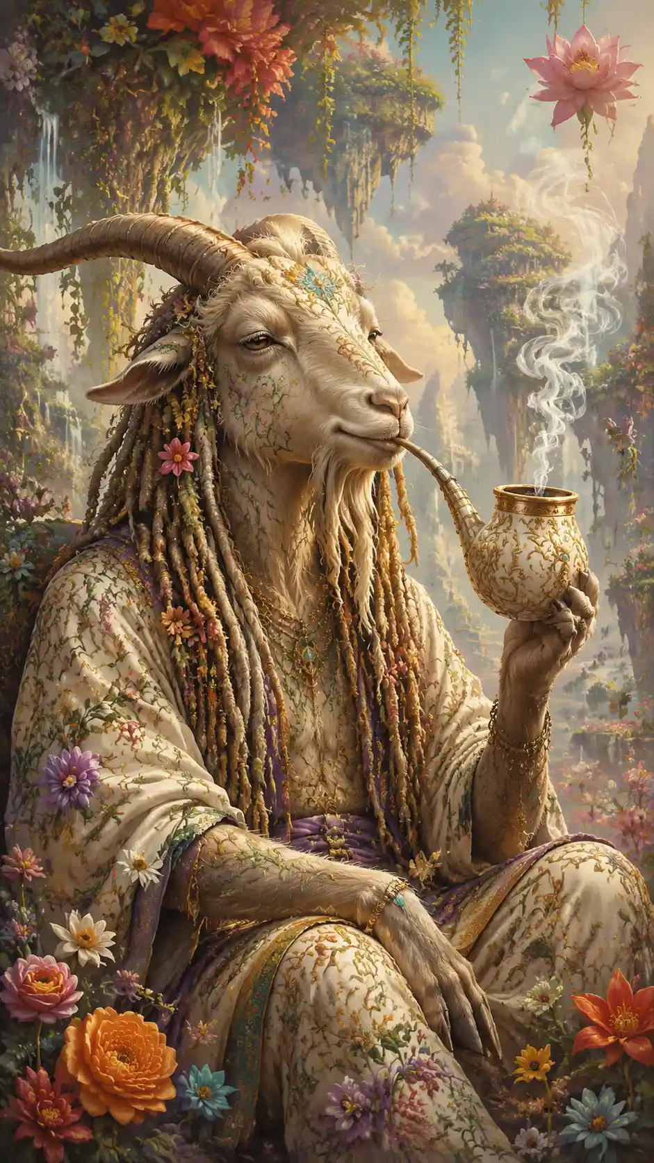 Serene fantasy goat smoking a pipe in surreal garden