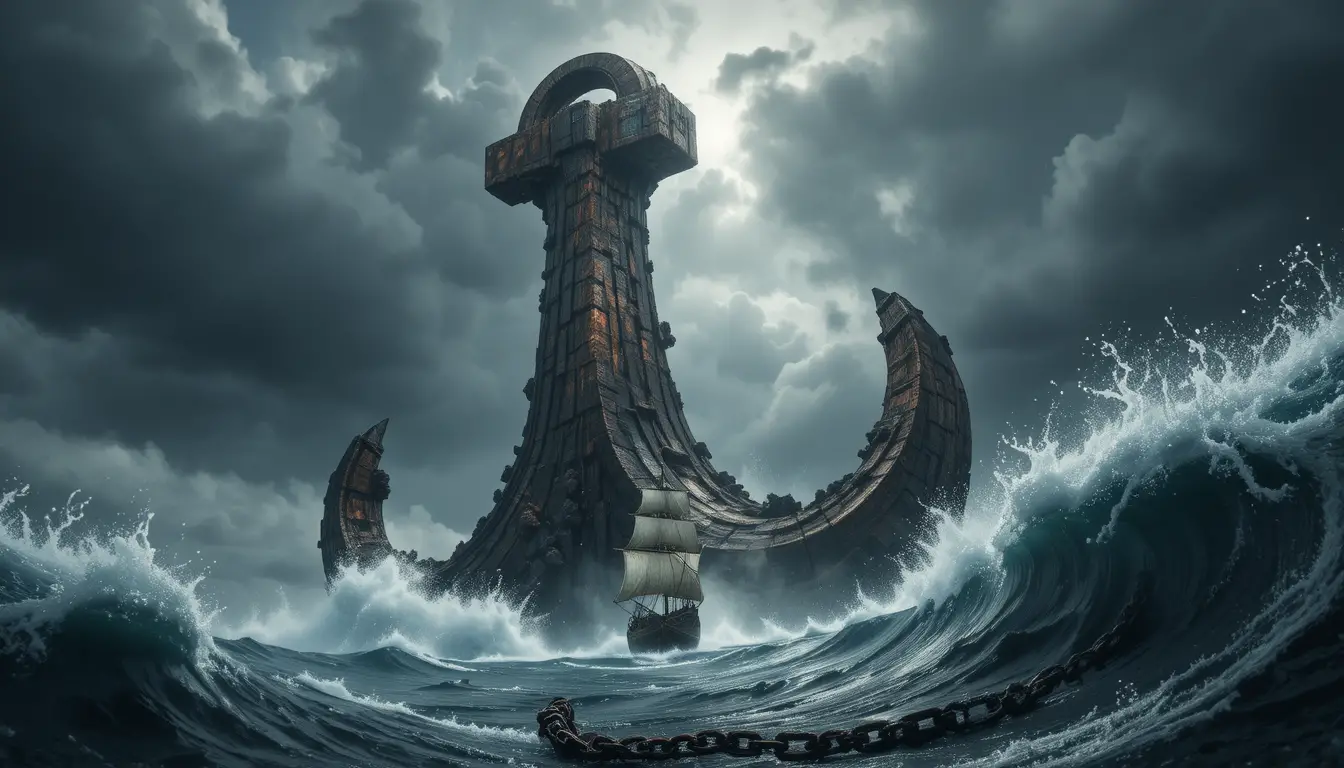 Colossal stone anchor monolith in a stormy ocean